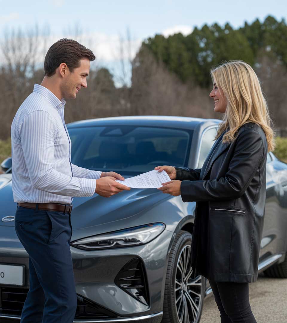 Mann und Frau stehen vor einem Auto und übergeben sich Unterlagen.