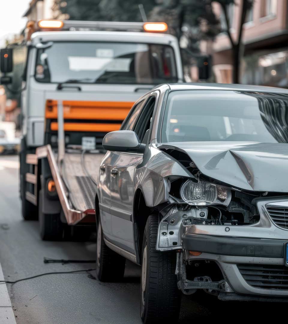 Unfallwagenankauf Mainz: Beschädigtes Auto wird nach dem Unfall per Abschleppwagen abgeholt.
